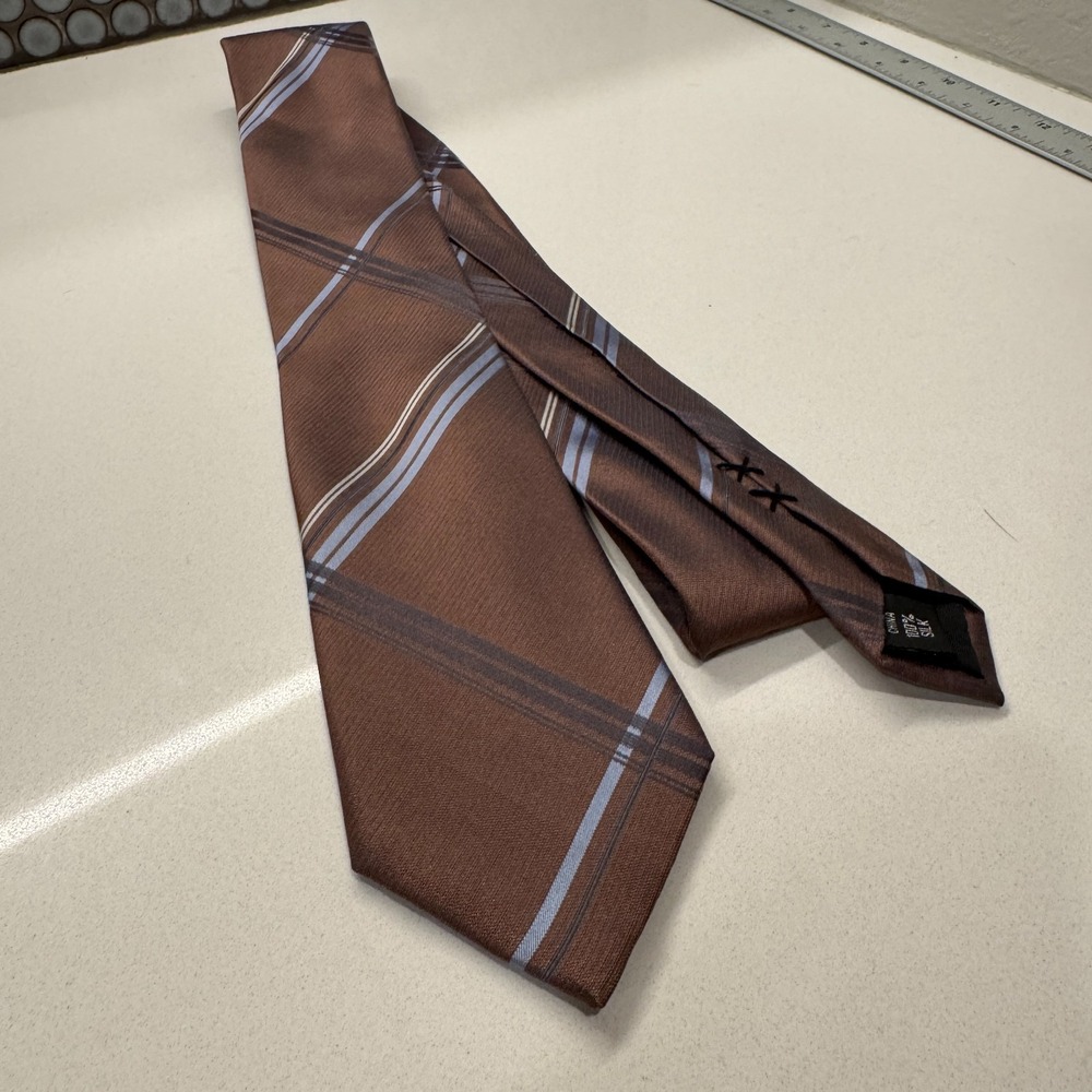 Vintage Kenneth Cole Tie Brown Plaid 100% Silk‎ Neck Tie Old Money Preppy Casual